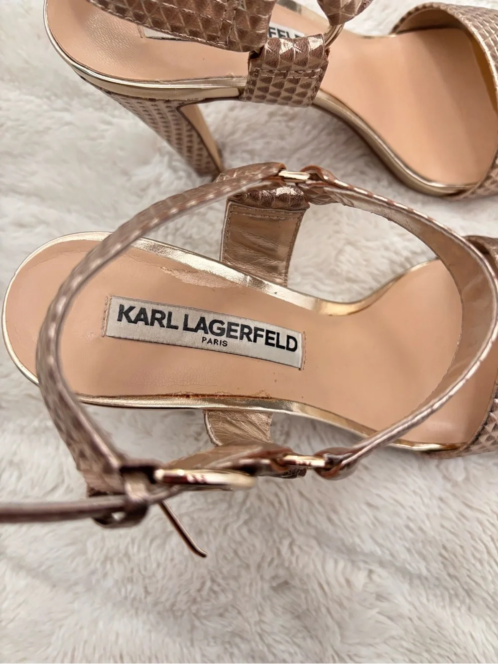 Karl Lagerfeld Paris Gold Textured Block Heel Sandals Size 7